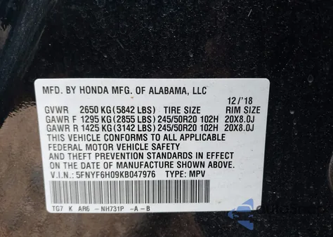 2019 Honda Pilot Elite z USA, uszkodzony, nr VIN 5FNYF6H09KB047976